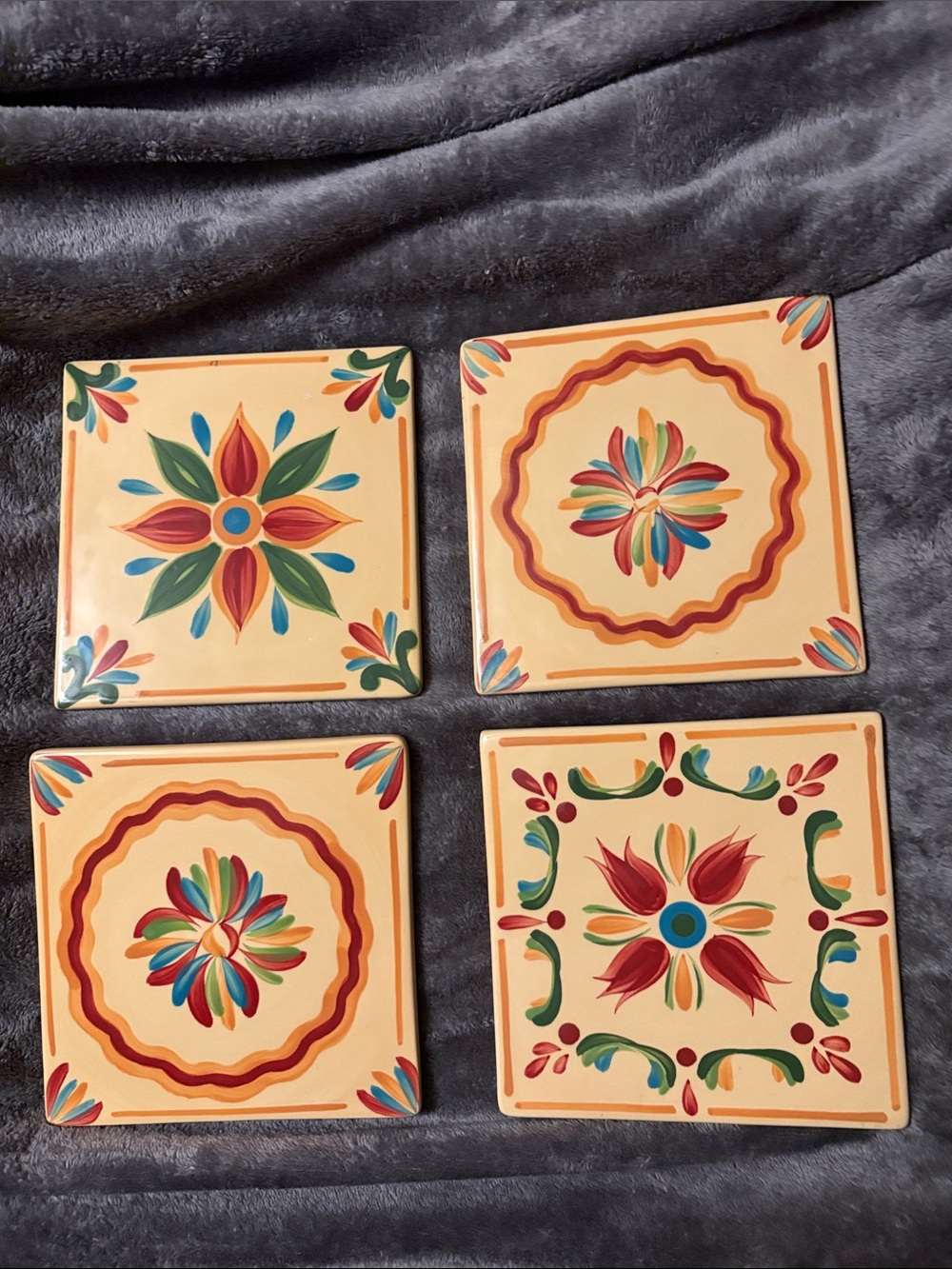 Hand-Painted Southern Living At Home  Ceramic Tiles Set of Four Tole Paint Style